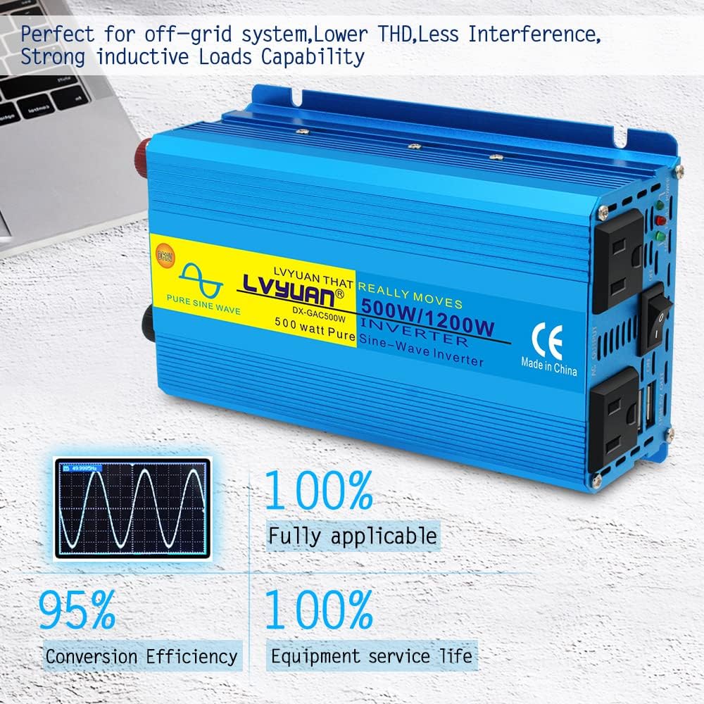 LVYUAN Pure Sine Wave Inverter 1600 Watts Inverter 12V to 110V DC to AC with Remote Controller, LCD Display 4 AC Sockets and 4 USB Ports for Car Truck Solar Power (PSW1600W-GREEN)