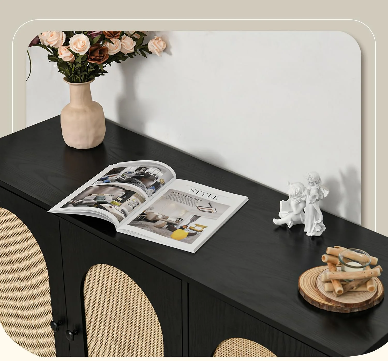 Catrimown Buffet Cabinet, Rattan Sideboard Storage Cabinet, Credenzas and Sideboards Cabinet Accent Cabinet for Living Room, Black