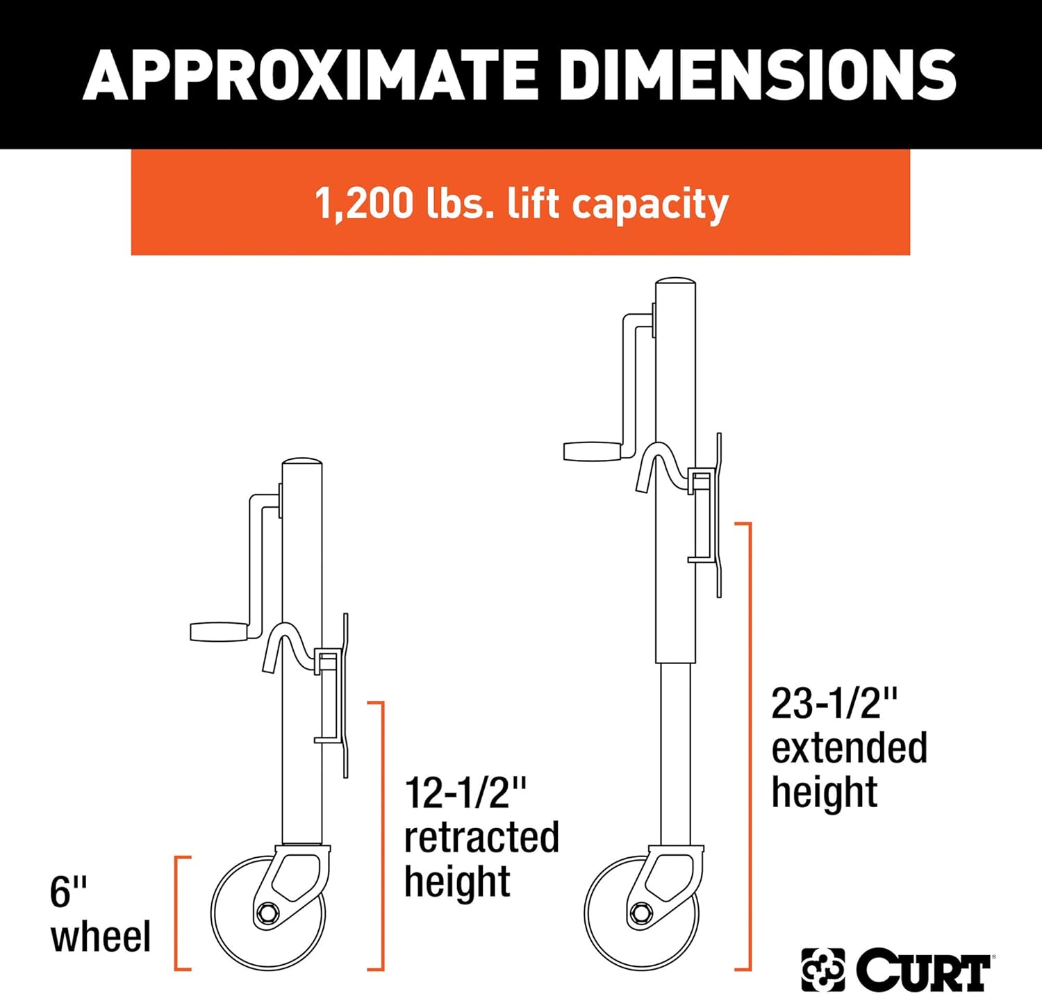 CURT 28112 Marine Boat Trailer Jack with 6-Inch Wheel, 1,200 lbs. 11 Inches Vertical Travel Pack of 2