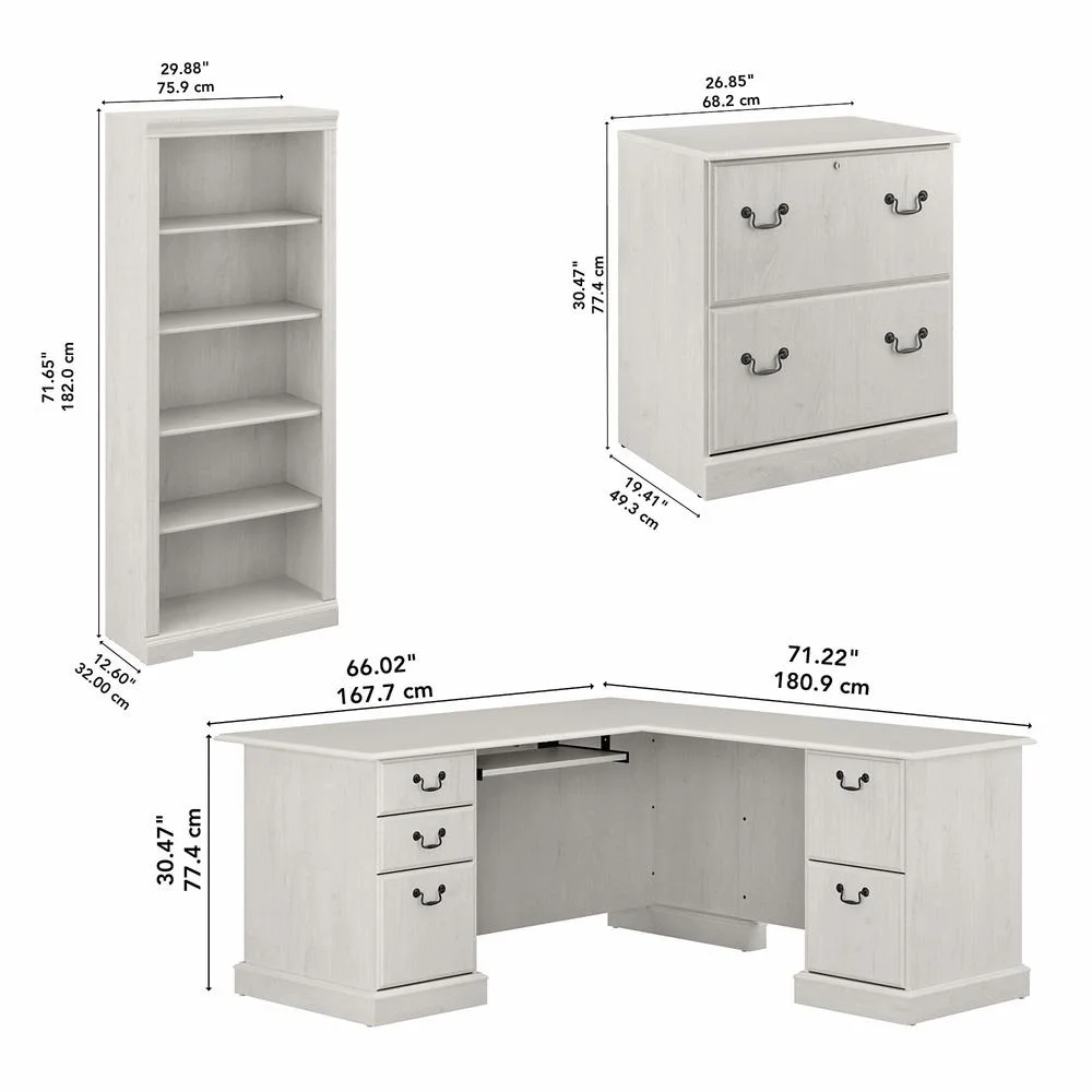 Saratoga L Shaped Desk with Storage Set in Linen White Oak - Engineered Wood