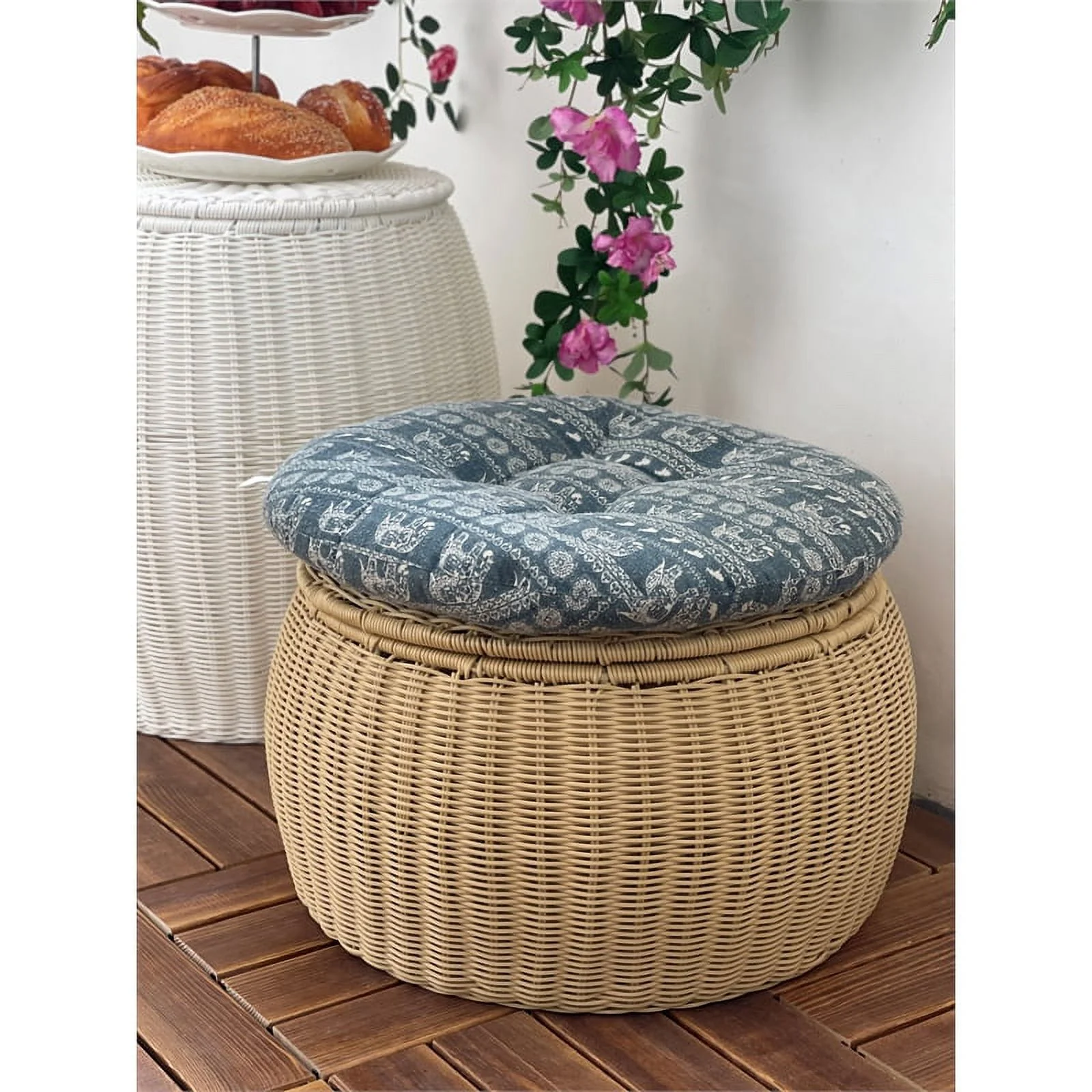 ELE Light & Decor Wicker / Rattan Footstool with Storage Seat in Tan/Beige