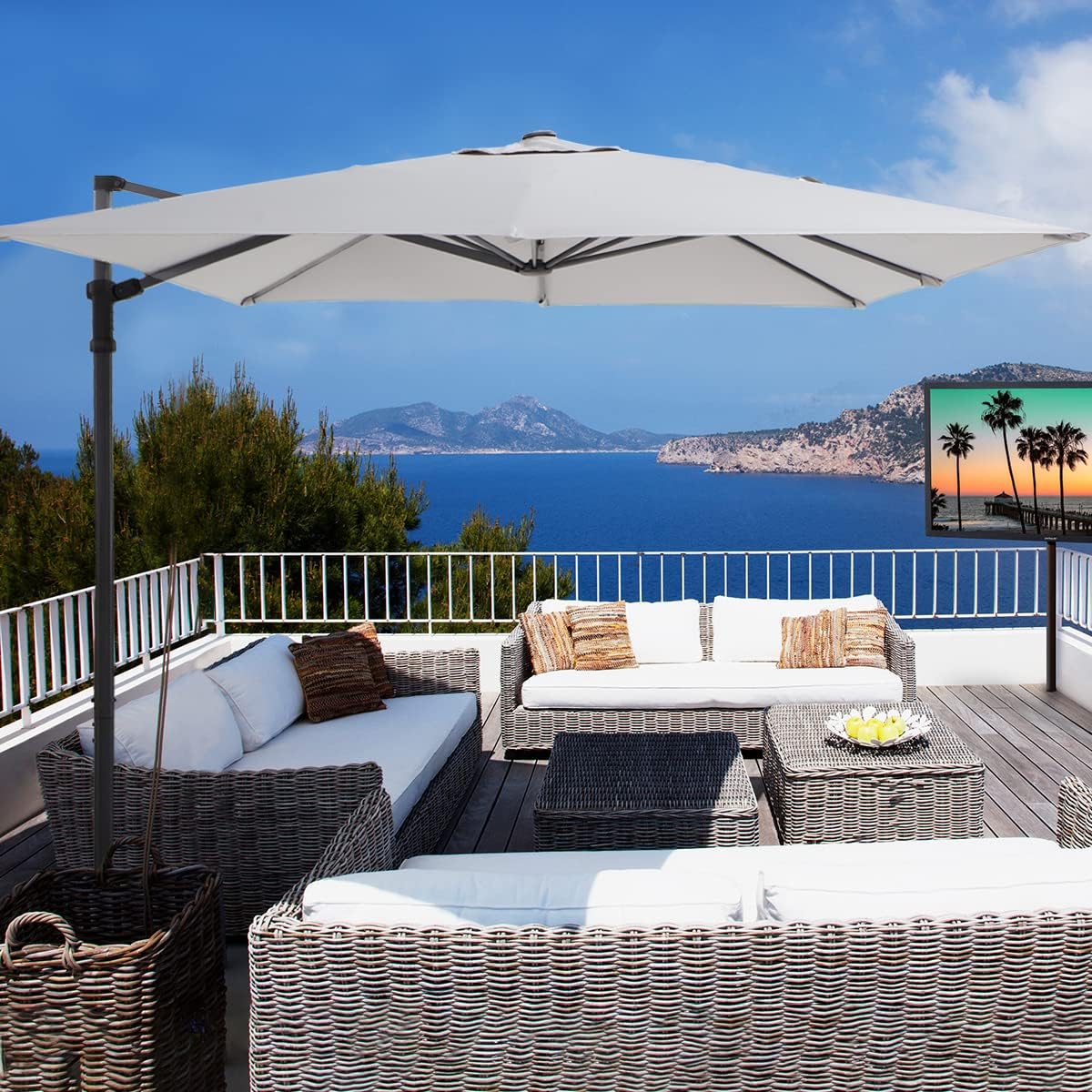 LAUSAINT HOME 8 Ft Patio Umbrella,Outdoor Cantilever Offset Umbrella with Crank & Cross Base & 360-Degree Rotation Device,Square 95% UV Protection Sun Umbrella for Backyard Poolside Garden Deck (Dark Grey)