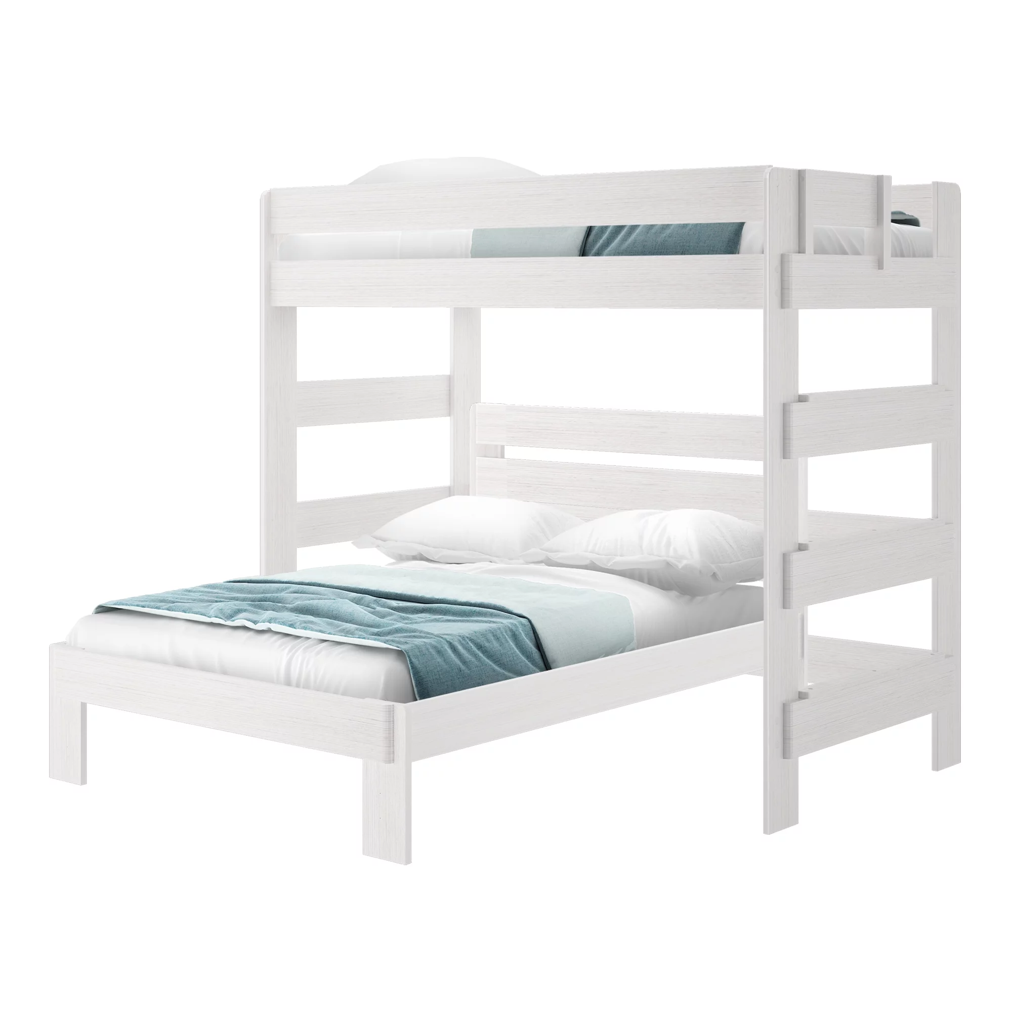 Plank+Beam Solid Wood Twin over Full L-Shaped Bunk Bed for Adults, White Wash