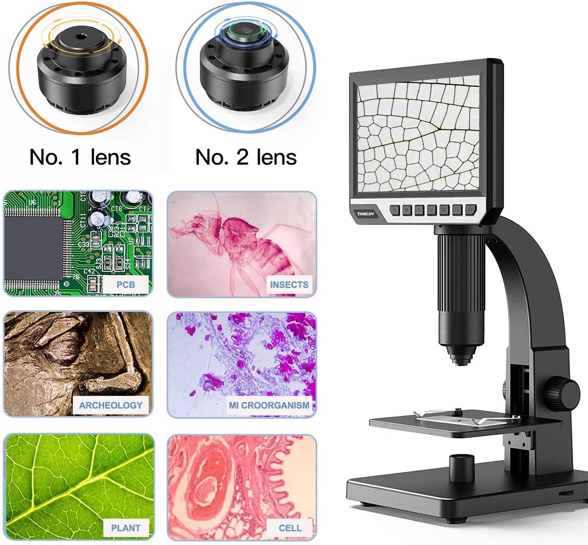 TOMLOV DM11 LCD Digital Microscope with 2000X Dual Lens(Digital & Microbial Lens), 7'' IPS Display∣10 LEDs∣12MP Resolution∣Windows/Mac OS Compatible, SD Card Included