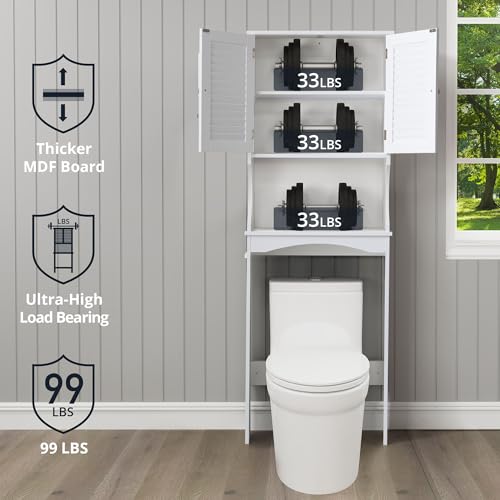 Over The Toilet Storage Cabinet, 3-Tier Freestanding Organizer, Bathroom Storage Cabinet Organize,Adjustable Shelves, Double Doors, Space-Saving for Bathroom, 23 * 67 inches, White