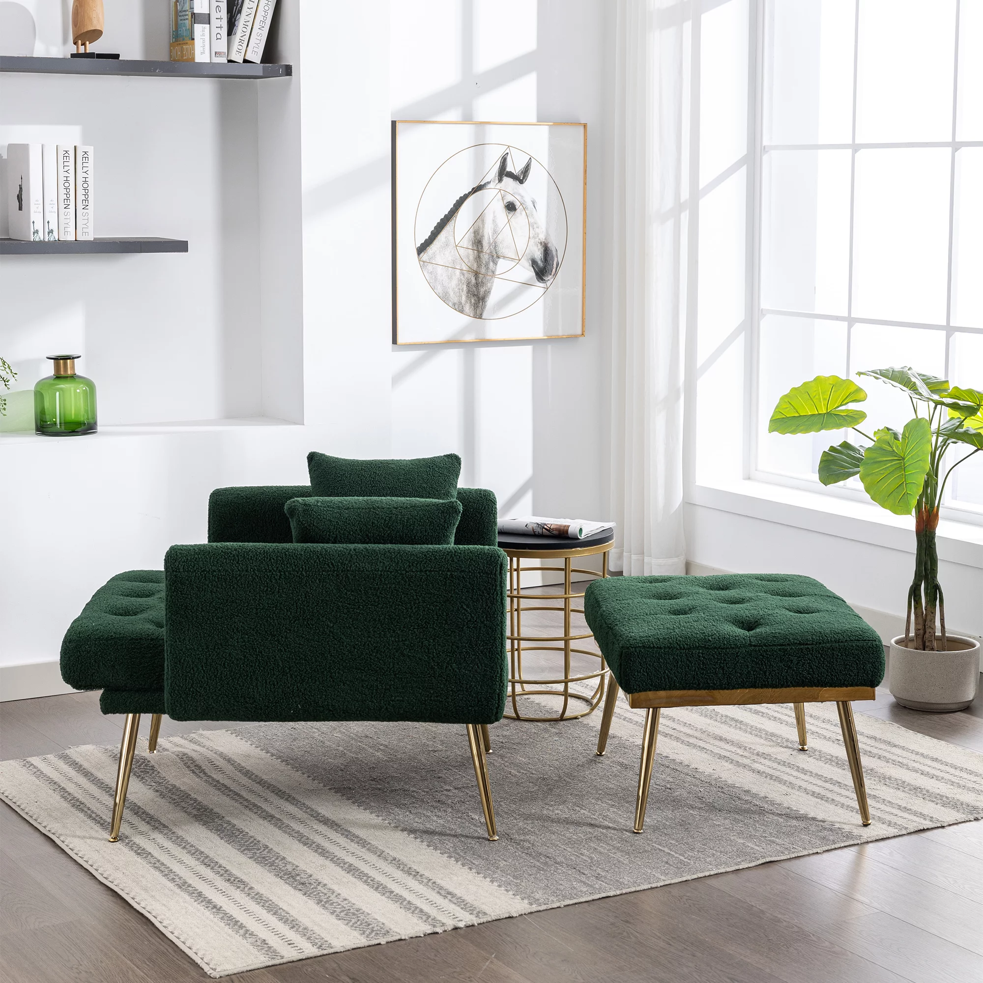 Ufurpie 36.61"Wide Modern Accent Chair With 3 Positions Adjustable Backrest,Tufted Chaise Lounge Chair,Single Recliner Armchair With Ottoman for Living Room, Bedroom,Green-Sherpa