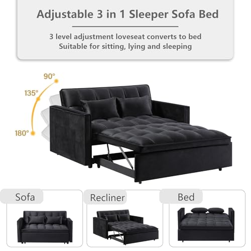 3 in 1 Convertible Sleeper Sofa Bed,Futon Loveseat Couch with Pull-Out Bed & Adjustable Backrest,Velvet Fabric Sofa with Side Pocket for Small Apartment, Living Room, Office (Black)