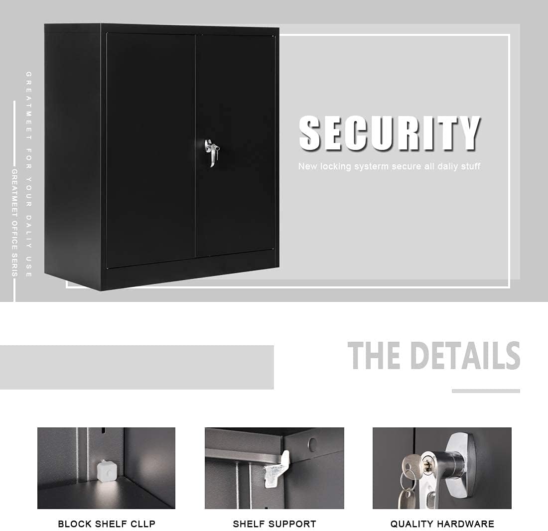 GREATMEET Metal Storage Cabinets with 2 Adjustable Shelves,41.6" H Locking Metal Cabinet Counter Office Storage Cabinet with Handle Security Lock for Home Office (Black 41.6" H)