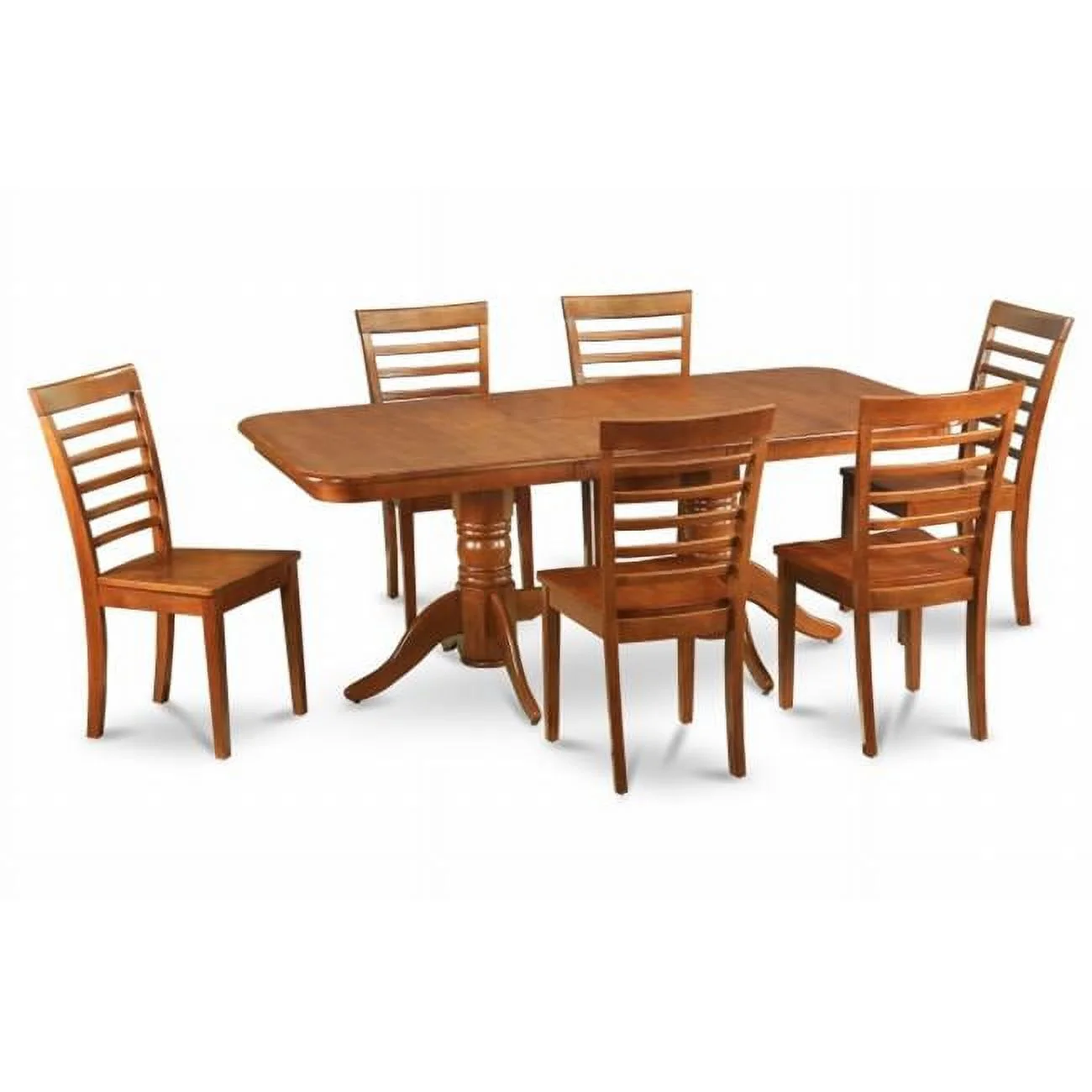 Wooden Imports Furniture PV9-SBR-W 9PC Plainville  Table with Double Pedestal & 8 Wood Seat Chairs in Saddle Brown Finish