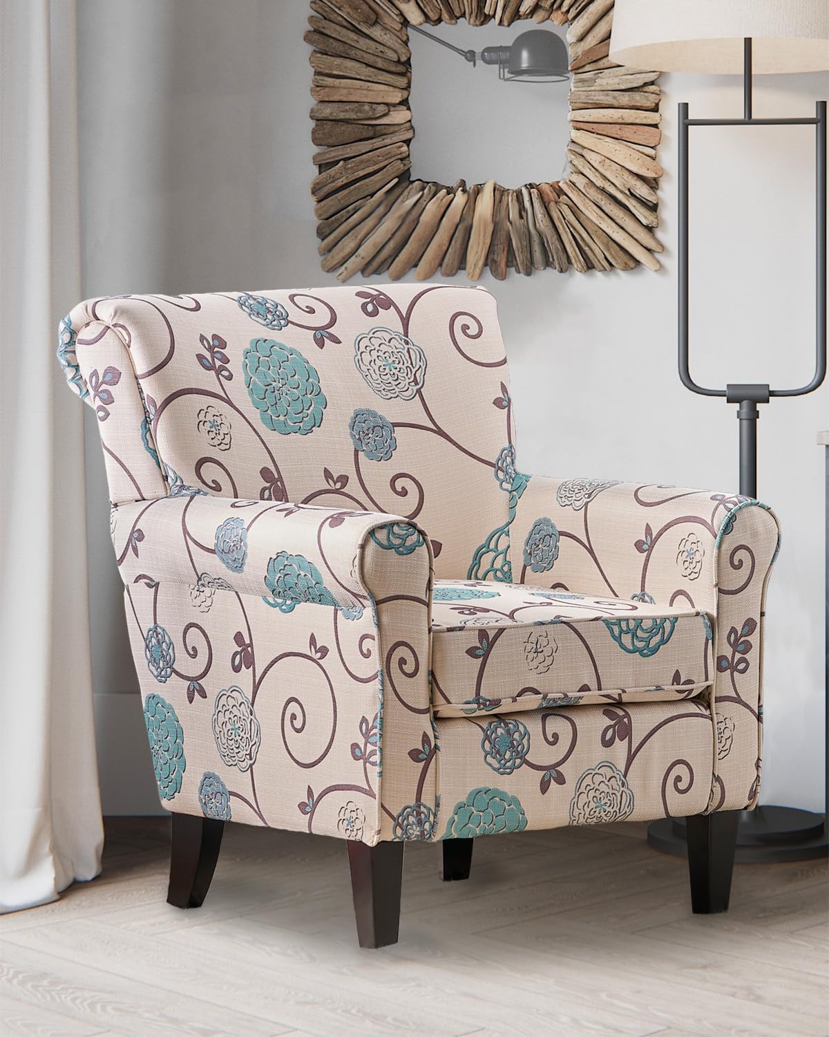 Millies Patterned Fabric Sofa, Modern Chic Couch,Living Room Armchair with Wooden Metal Legs for Bedroom Living Reading Room,White/Blue Crushed Floral Sofa