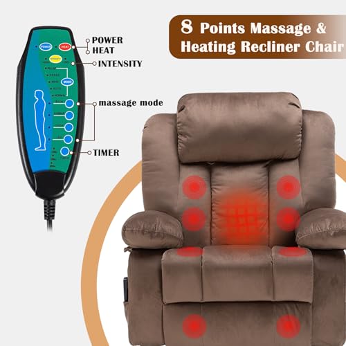 Rocker Recliner Chairs for Adults with Massage & Heat,360°Swivel Glider Nursery Manual Overstuffed Reclining Chair for Living Room,Upholstered Fabric 120°Rocking Chair Bedroom RV Brown