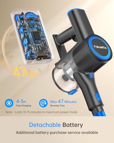 FABULETTA Cordless Vacuum Cleaner for Home, 400W Lightweight Vacuum Cleaner with MAX 47Min Detachable Battery, Brushless Motor, 6 in 1 Stick Vacuum for Hardwood Floors and Carpet Pet Hair Car（Blue）