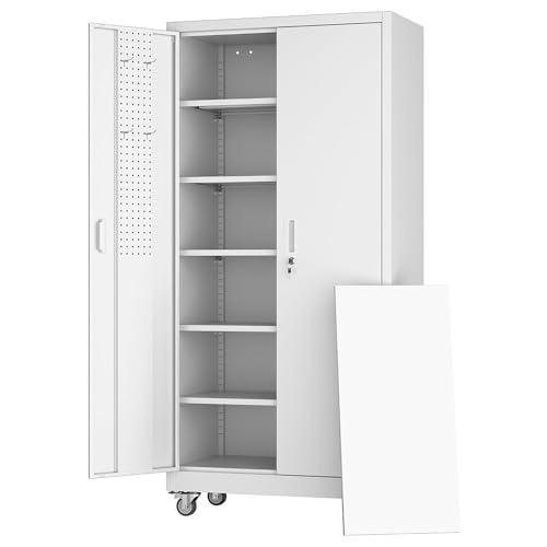 Aobabo Garage Storage Cabinet with Wheels,72" H Metal Storage Cabinet with 2 Doors and 4 Adjustable Shelves for Garage Home, Black,Required-Assembly