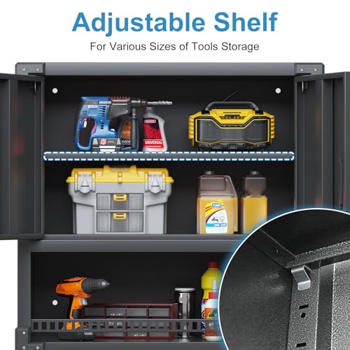 Garage Storage Cabinet Wall Cabinet with 2 Doors,Lockable Tool Cabinets Wall Mounted with Adjustale Shelves,Heavy Duty Steel Hanging Cabinets for Warehouse Kitchen Laundry,Assembly Required