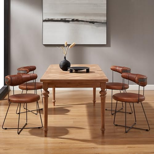 Art Leon Genuine Leather Accent Chair, Mid Century Modern Side Chair with Black Metal Legs, Armless Chair for Living Room Bedroom, Cognac