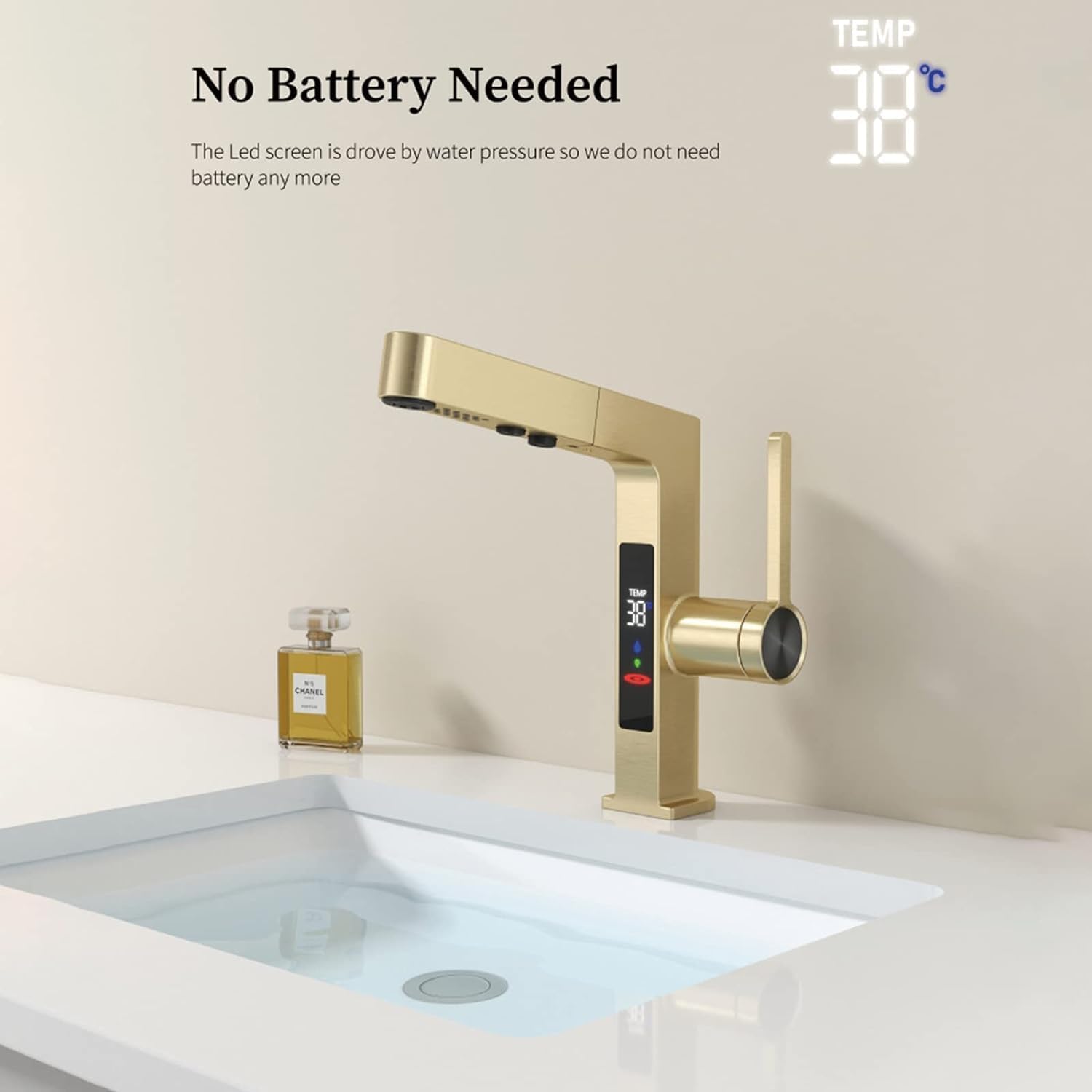 Sink Taps Mixer Tap, Bathroom Faucet with LED Digital Display, Bathroom Sink Faucet with 2- Modes Pull Down Sprayer, Brass Single Handle Basin Mixer Tap,Gray (Color : Rose Gold) (Bianco)
