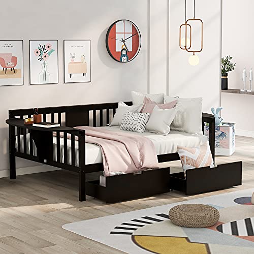 Twin Size Wooden Extendable Daybed with Trundle and 2 Storage Drawers, Platform Day bed with Wood Slat Support, for Bedroom, Living Room, No Spring Box Needed, Easy Assemble