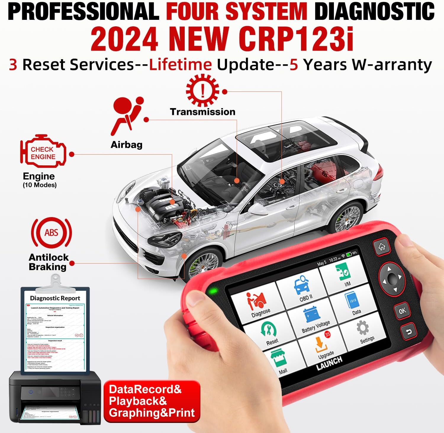 LAUNCH OBD2 Scanner CRP123i Elite Code Reader, 2024 Lifetime Free Update Car Diagnostic Tool for Multi Systems with Oil Reset, SAS Reset, Throttle Adaptation, FCA SGW, Battery Test, Auto VIN