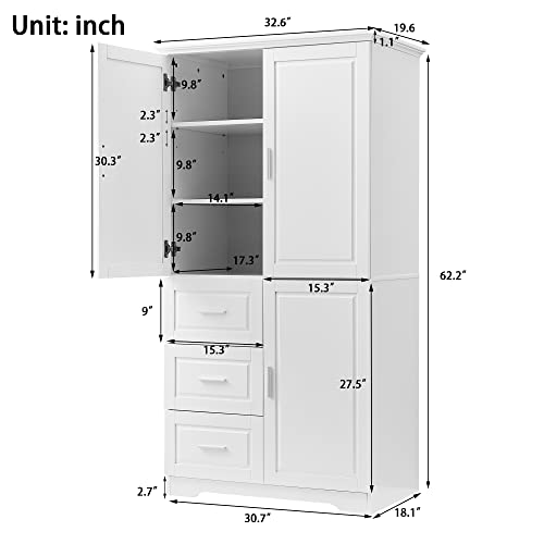 Dolonm 62 Inch Pantry Cabinet, Kitchen Pantry Storage Cabinets with Shelves and Feet, Wood Storage Cabinet with Drawer & Doors, White Pantry Storage Cabinet for Kitchen, Dining Room, Bathroom (White)
