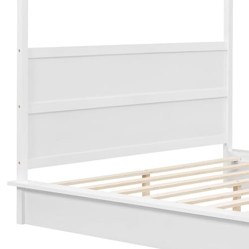 Bellemave Canopy Bed Frame Wood Four Posters Twin/Full/Queen/King LED Platform Bed with Built-in Headboard Strong Wooden Slat Support, No Box Spring Needed,White (Full)