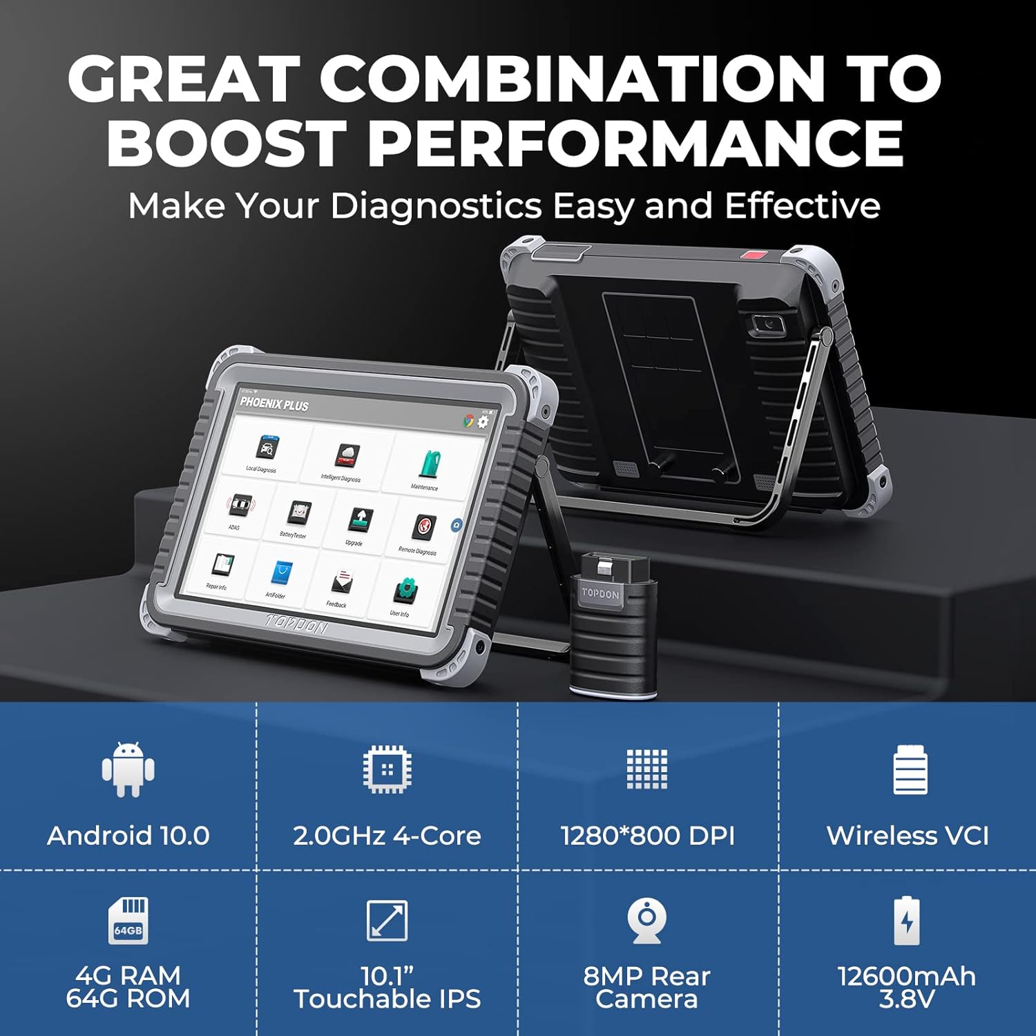 Diagnostic Tool TOPDON Phoenix Plus Bidirectional Scan Tool with 10.1-inch Screen Advanced ECU Coding, Key Matching, All System Scanner, 34 Reset Service, AutoAuth for FCA SGW, 2 Years Free Update