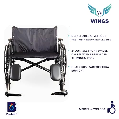 Medacure Ultra Wide Bariatric Wheelchair - Heavy-Duty Frame and Enhanced Comfort Features, 700 Lbs Weight Capacity, Seat Dimensions - 26"" W x 20"" D - WC2620, Black