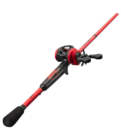 Lew's MACH Smash Baitcast Reel and Fishing Rod Combo, IM6 Graphite Blank Fishing Rod, Split Grip Winn Dri-Tac Handle, Fluorescent Red
