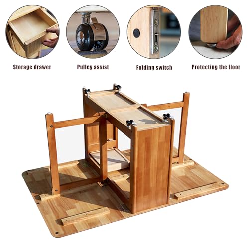 Solid Wood Folding Dining Table with Storage,Rectangular Island Kitchen Table with Drawers,Small Space Drop Leaf Foldable Table with Wheels,Table Only-No Chairs(34.5" D x 51" W x 29.5" H, Red Brown)