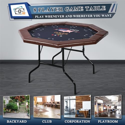 8 Players Poker Table Foldable,50inch Upgraded Folding Octagon Casion Table, Portable Texas Holedem Table w/Stainless Steel Cup Holders, Water-Resistant Cushioned Rail (Brown)
