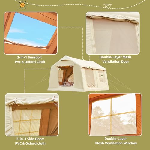 YOLENY Inflatable Tents for Camping, 4/6/8/10/12 Person Tent with TPU Skylight, Mesh Windows, Stove Jack & Pump, Easy Setup 4 Season Glamping Tent, Waterproof & Windproof