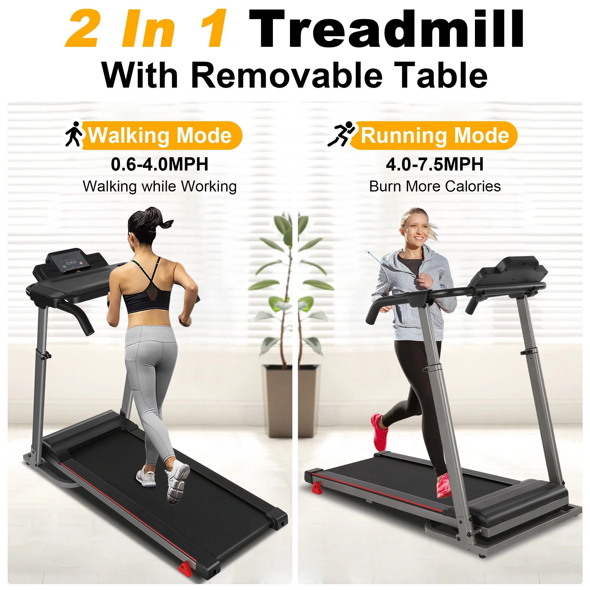 300Lbs Treadmill with Desk - 2.5 HP Portable Folding Treadmill for Home, Running Machine with Incline（Gray）