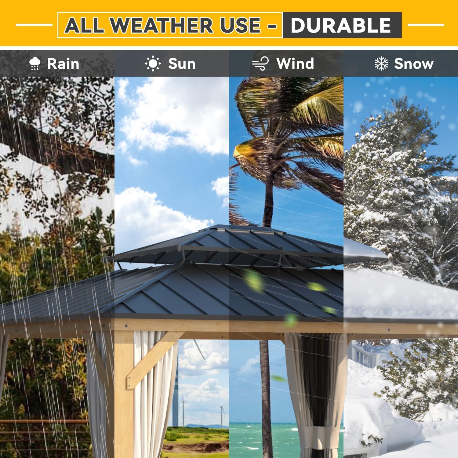 EROMMY 13'x15' Wood Gazebo, Outdoor Hardtop Gazebo Pavilion with Netting and Curtains, Spruce Wooden Frame Double Roof Metal Canopy for Patio Backyard Deck Garden