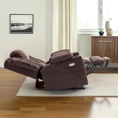 MCombo Large Triple Motor Power Lift Recliner Chair with Massage and Dual Heating, Adjustable Headrest for Tall Elderly People, Faux Leather 7634 (Dark Brown, Large)