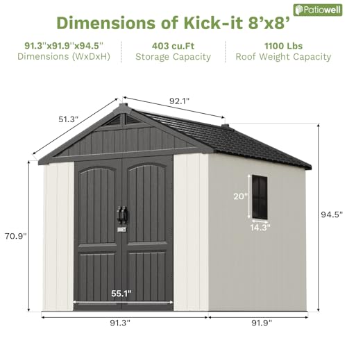 Patiowell 8 x 12 FT Plastic Outdoor Storage Shed with Floor, Resin Shed with Window and Lockable Door for Garden, Backyard, Tool Storage Use, Easy to Install in Beige (Kick-it Shed)