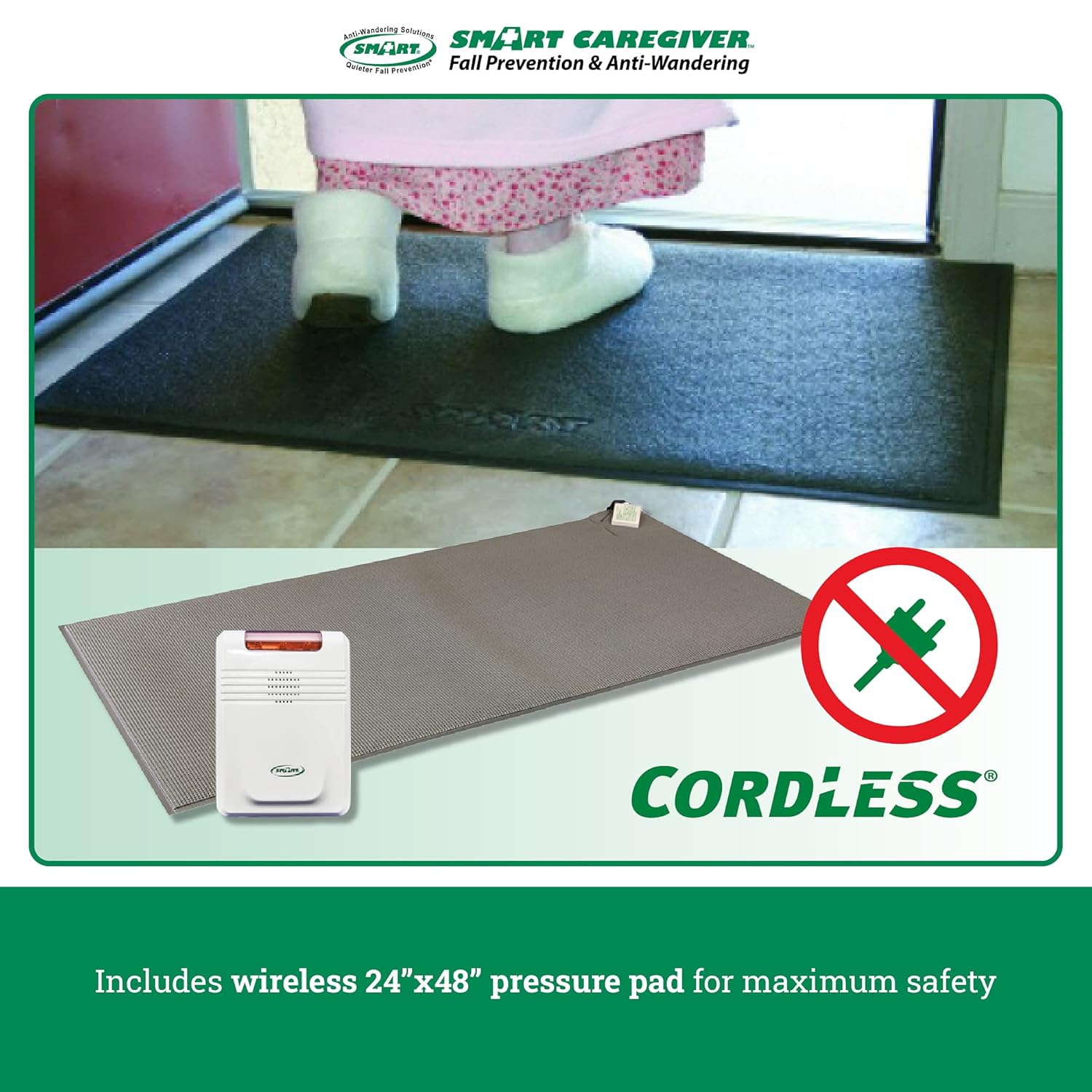 Smart Caregiver Cordless Floor Mat Pressure Pad with Economy Cordless Alarm (No Alarm in Patient's Room), Gray, 24” x 48”