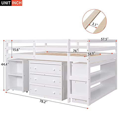 Maximized Space Functional Low Study Loft Bed with Desk, Cabinet, Bookshelf, and Rolling Portable Desk – High-Grade Pinewood Frame with Full-Length Guardrail for Enhanced Safety (White,Full)