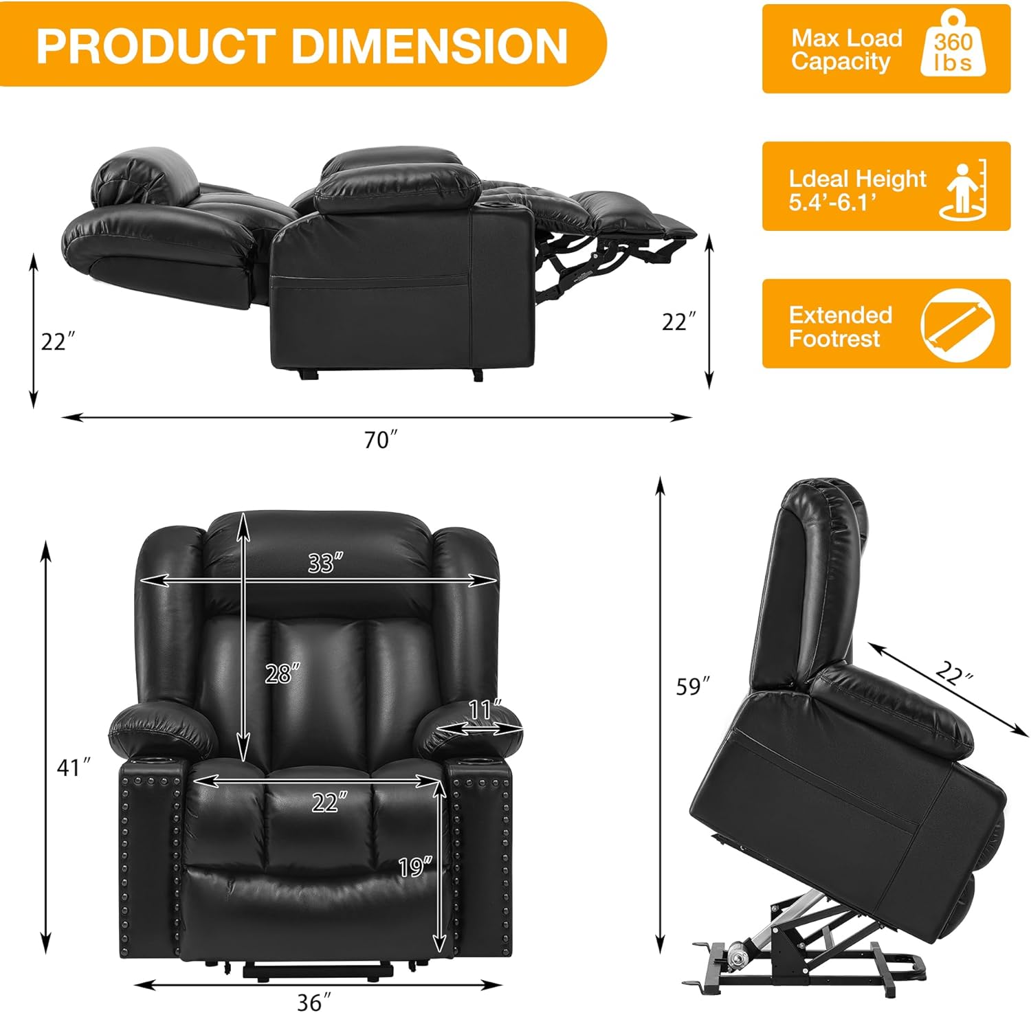 Triple Motor Large Power Lift Recliner Chair for Elderly with Heat and Massage, Lay Flat Lift Chairs for Seniors Infinite Position, Extended Footrest, USB Ports, Cup Holder, Black
