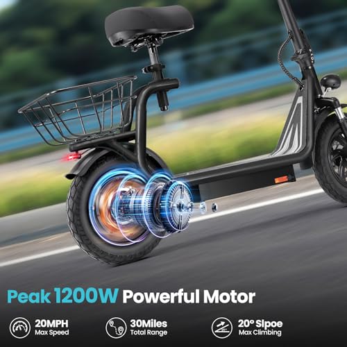 Caroma Electric Scooter with Seat,1200W Peak Motor,LED Display & 3 Speed Modes,30 Miles Max Range,Height Adjustable Seat & Foldable Electric Scooter with Basket,Front Suspension & Storage Hook