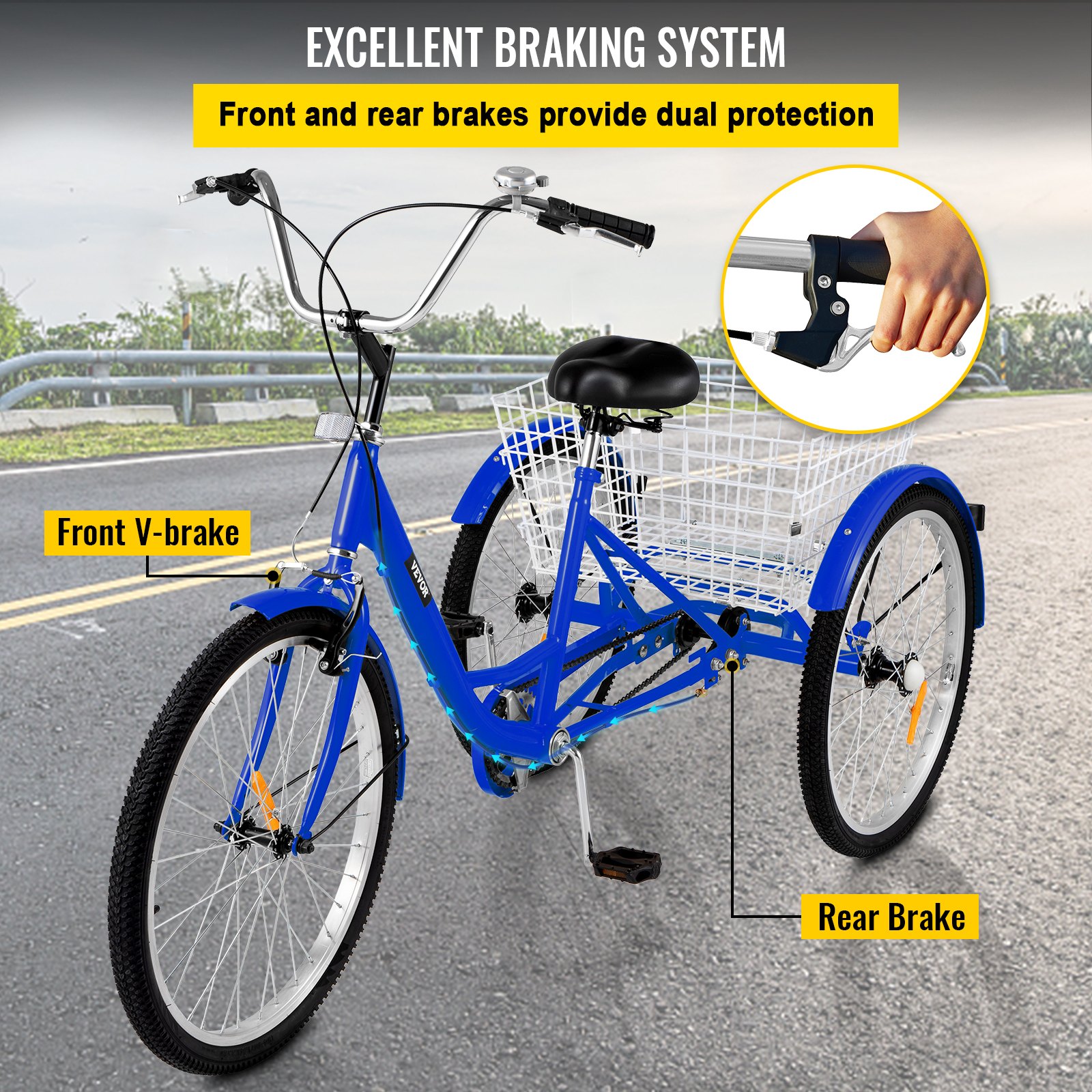 Vevor  24 in. 1-Speed 3 Wheel Blue Exercise Adult Tricycle with Large Basket