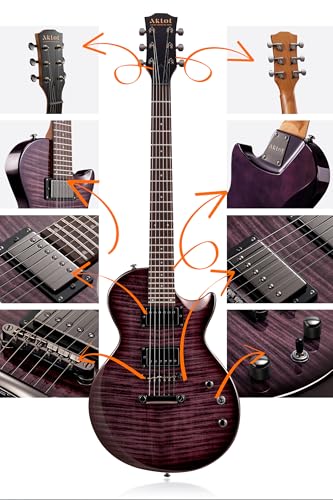 AKLOT Muti-Tone Electric Guitar with Coil-Split: Roasted Maple Neck, Flame Maple Graphic Top, Dual Humbuckers Pickups, Beginner Guitar Kit with Gig Bag, Lesson Book, Strap, Picks, Violet Venom