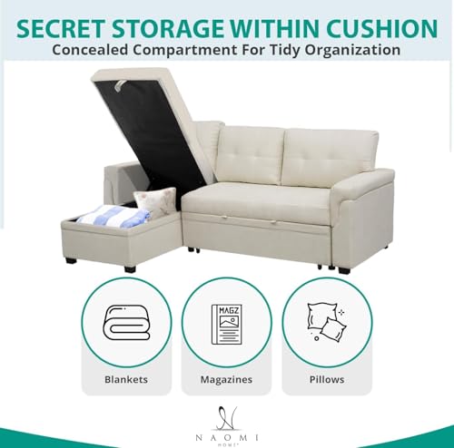 Naomi Home Jenny Sectional Sofa Sleeper with Storage Chaise, Tufted Pull Out Couch with Storage, L-Shaped Reversible Sleeper Sofa with Storage, Black,Air Leather