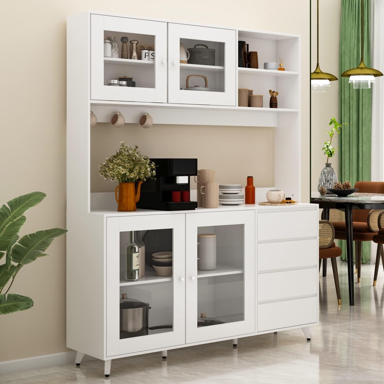 63"W 74.8"W Buffet with Hutch, Freestanding Kitchen Pantry Oak/White