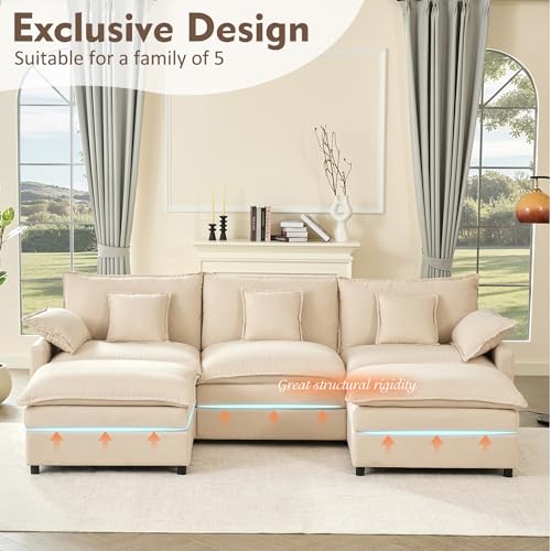 108" U Shaped Couch, Modular Sectional Sofa, 3-Seater Comfy Cloud Couch with Movable Ottoman, Deep Seat Couches for Living Room, Chenille, Black