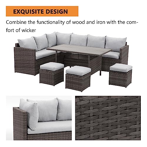 Solaste 7 Piece Outdoor Patio Furniture Set, Outdoor Sectional PE Rattan Patio Conversation Sofa with All Weather Dining Table Chair Set, Blue
