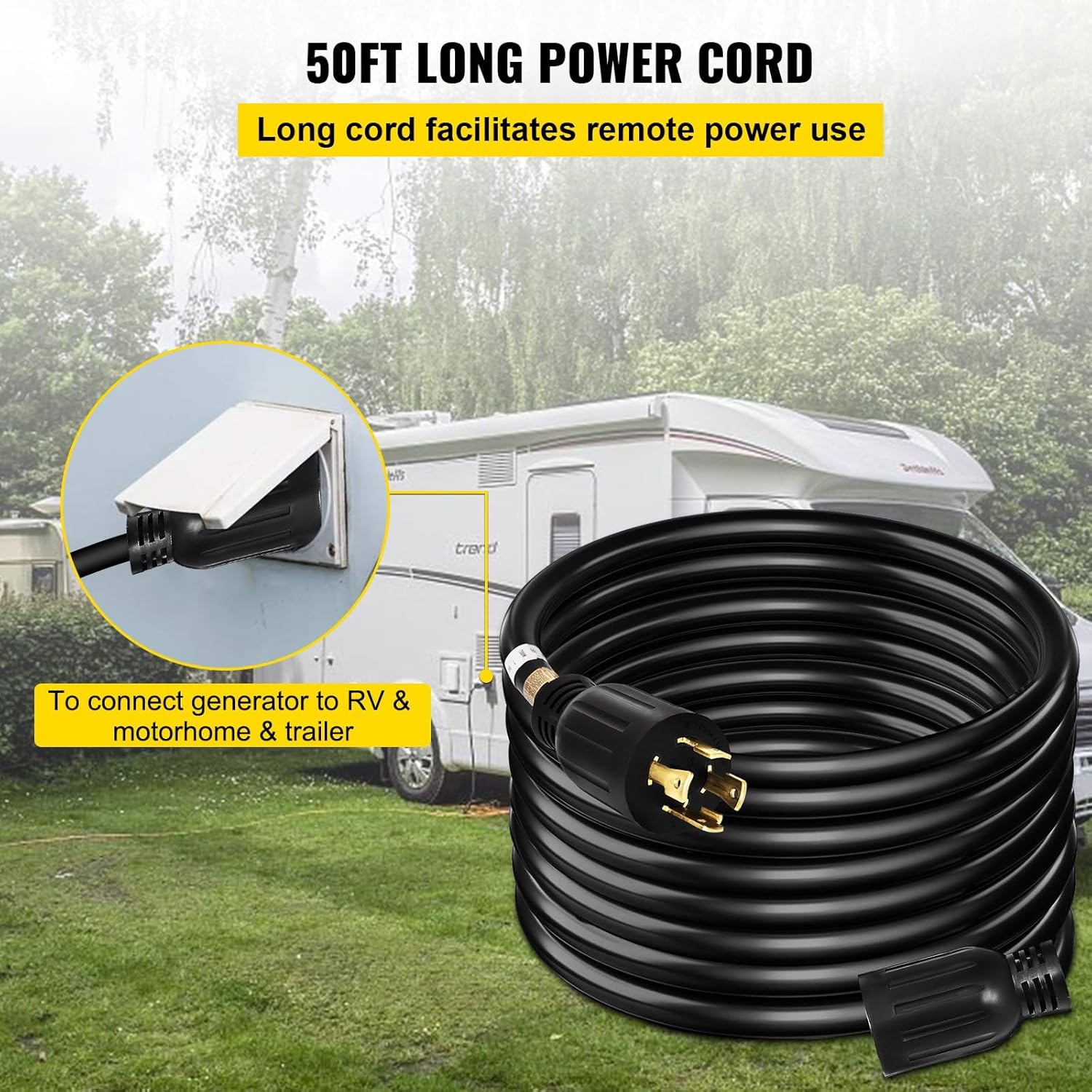 Generator Extension Cord 50Ft 30 Amp 4 Wire 10 Gauge 125V 250V Twist Lock Connectors - Ideal for Powering Generators