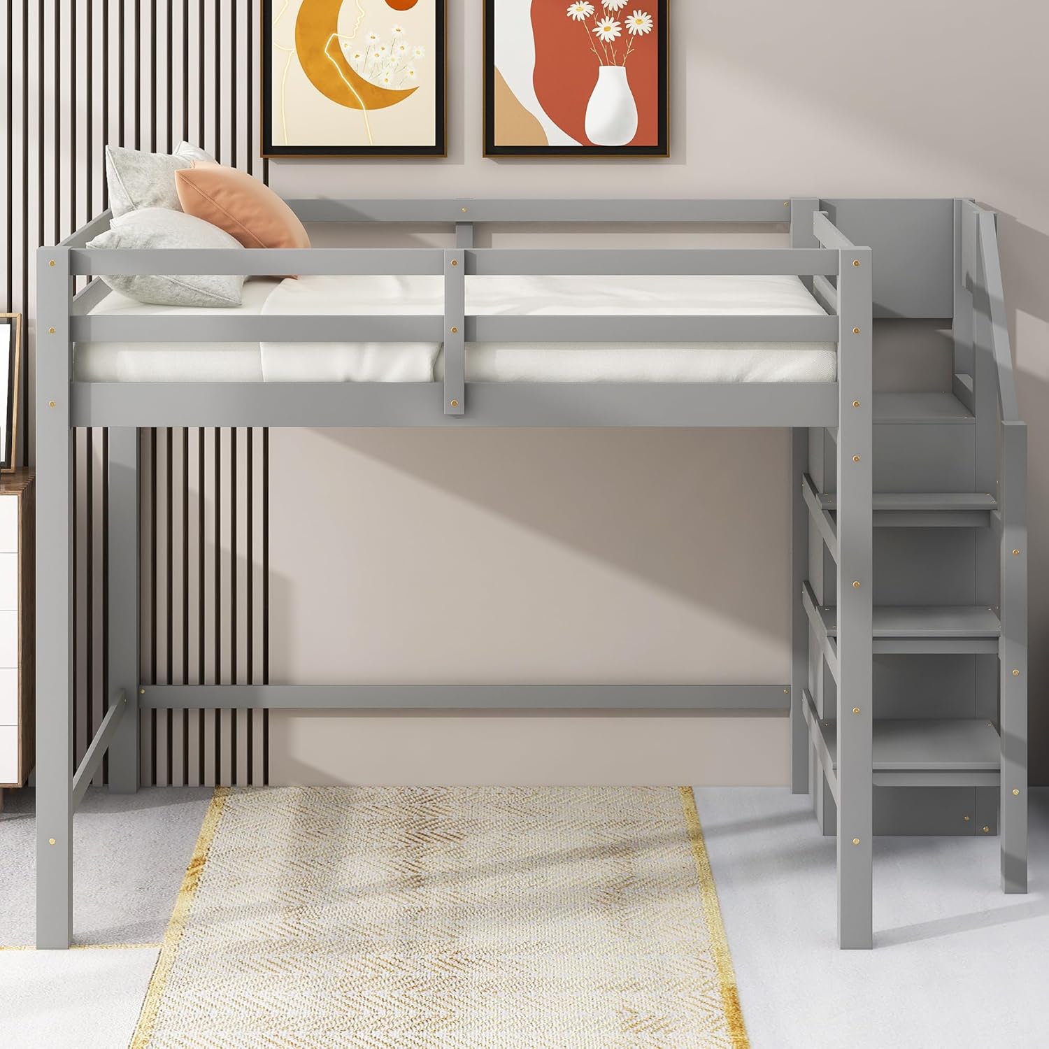 Bellemave Full Size Loft Bed with Storage Staircase and Wardrobe for Clothes,Wood Loft Bed Frame with Stairs for Teens,Kids,Space Saving(Gray)