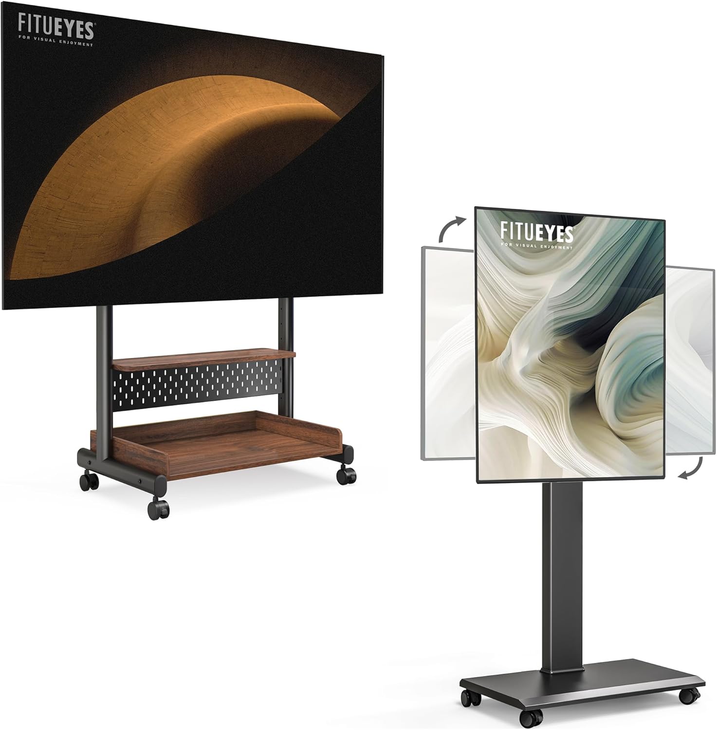 FITUEYES Mobile Stand for 40-85 Inch LCD/LED Flat Curved Screens with Wooden Large Storage and Black Height Adjustable Rolling TV Stand Hold Up to 88 Lbs，Landscape to Portrait Rotating and 40°Swivel