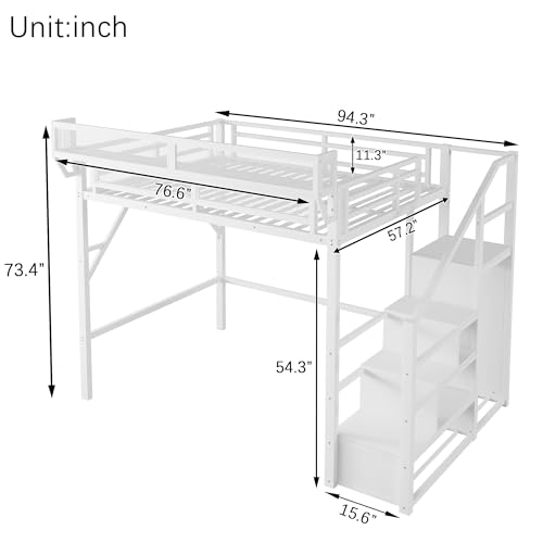 Full Size Loft Bed with Stairs and Storage, Metal Loft Bed Frame with Bedside Shelf and Large Under-Bed Space, Heavy-Duty Bed for Adults Teens and Kids, Black