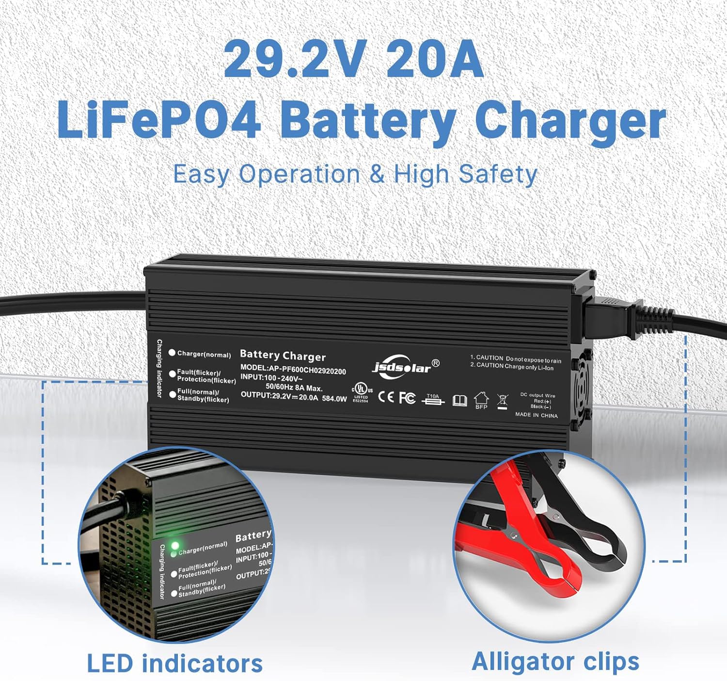 24V 20A Lithium Battery Charger LiFePO4 Battery Charger AC-DC Smart Charger with Anderson Connector LED Indicator Special for Lithium LiFePO4 Deep Cycle Rechargeable Batteries of Boat, RV