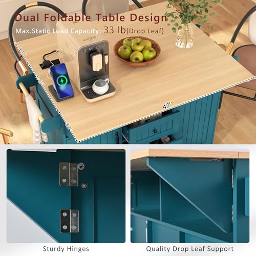 Large Kitchen Island Cart with 2 Drop Leaf, Mobile Dining Table with Storage Cabinet, Rolling Kitchen Cart with Power Outlets, 3 Drawers, Spice & Towel Rack